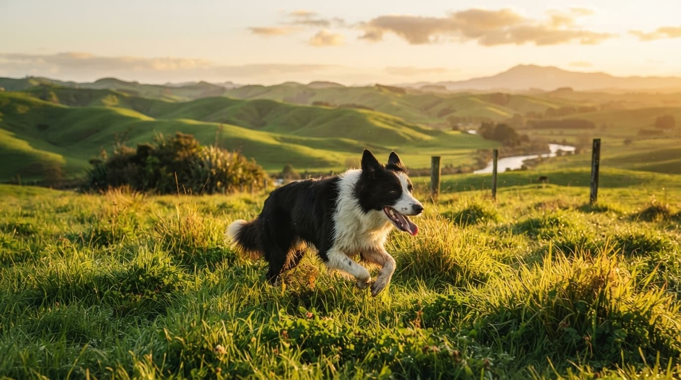Dog running through the Waikato countryside
