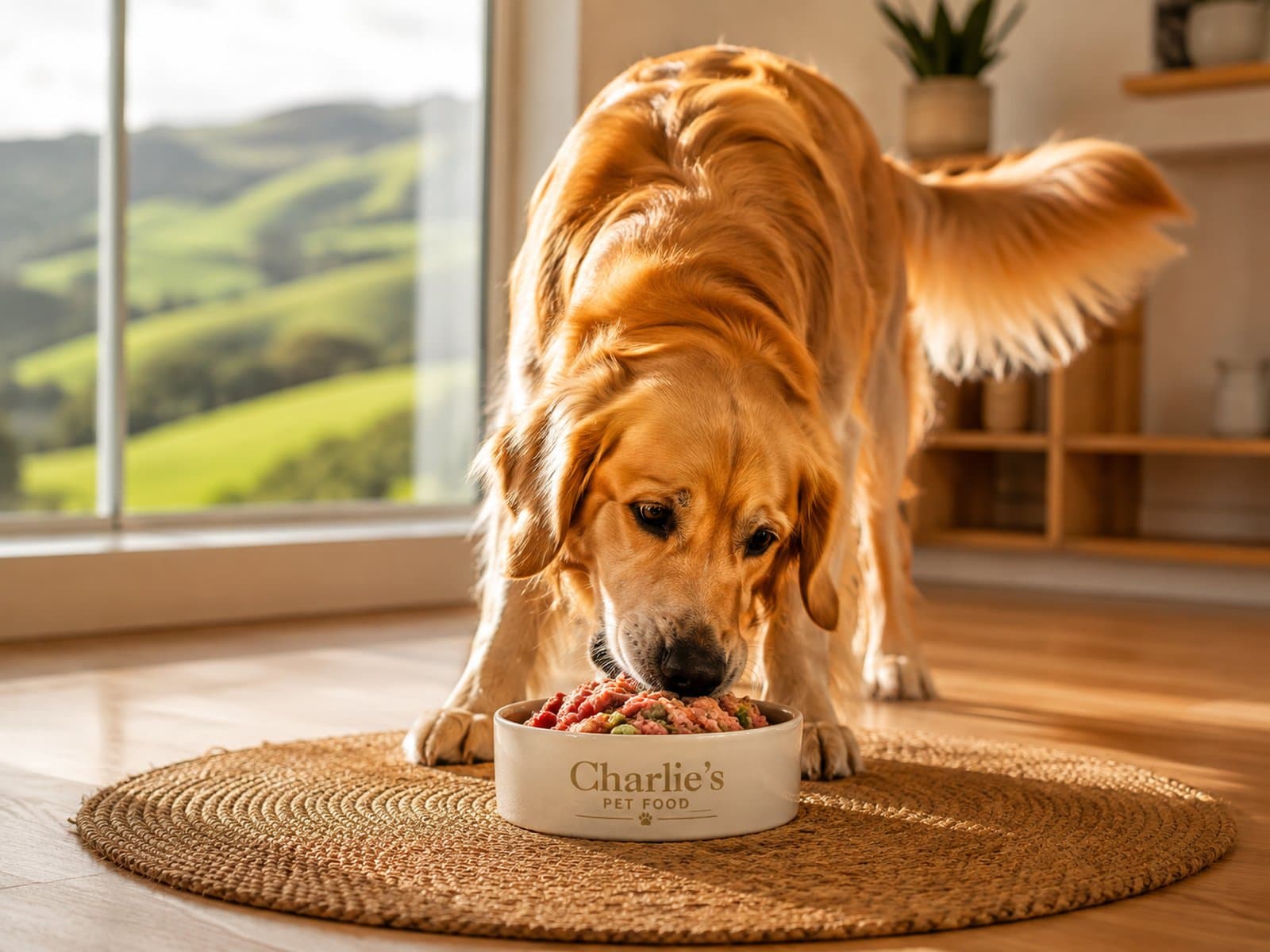 Happy golden retriever eating from a Charlie's Pet Food bowl in a warm Waikato home